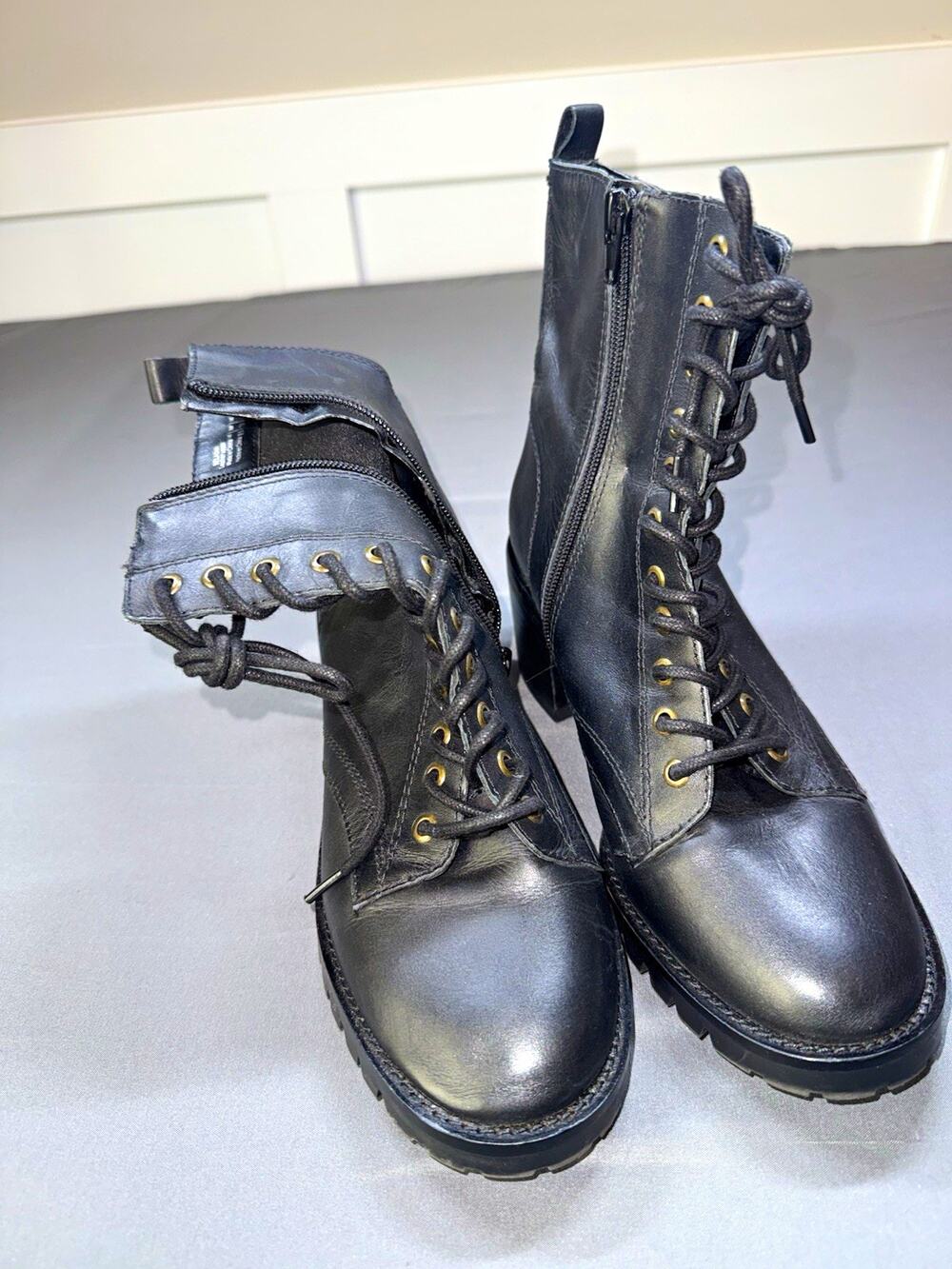 Crown Vintage BELADIA Black Leather Lace-Up Zip Combat Ankle Boots Women’s 8.5